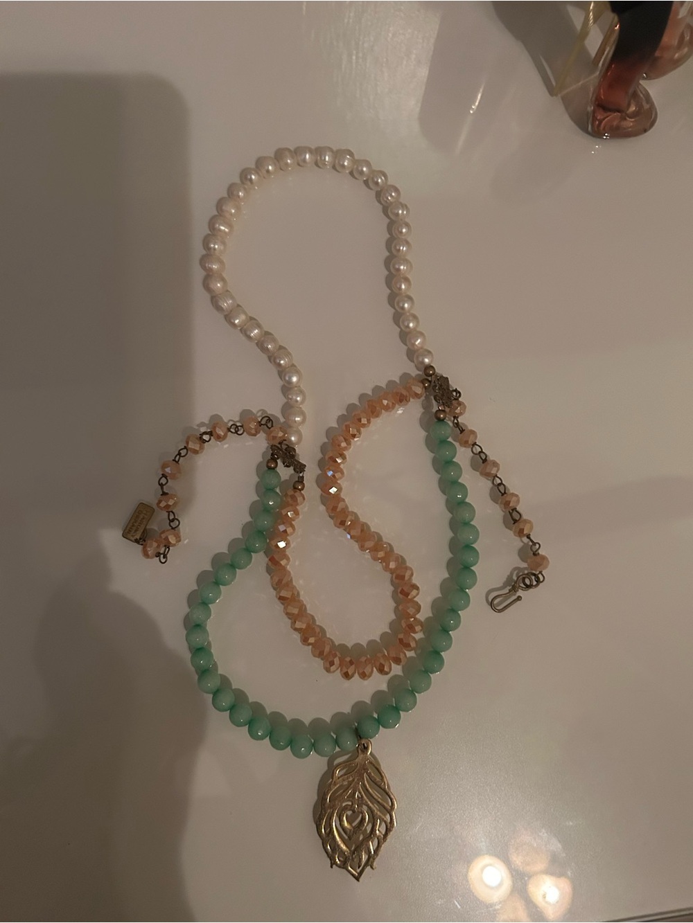 Multicolor Beaded Pendant Necklace - Green, Peach & Pearl